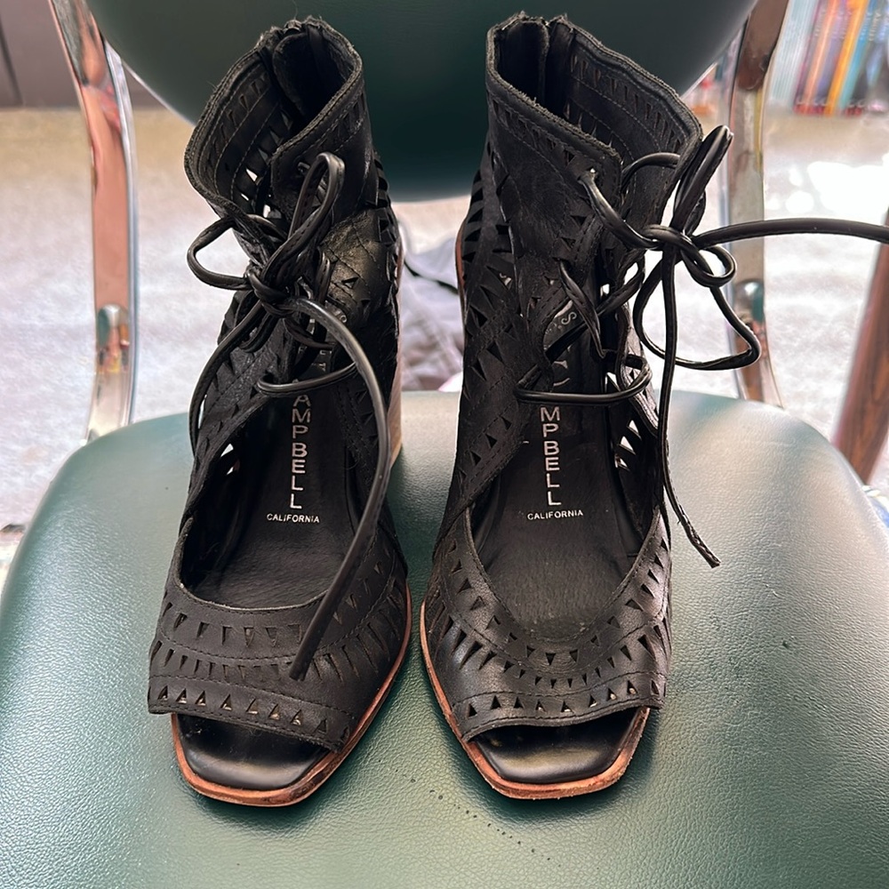 Jeffrey Campbell leather cut-out wedge sandal size 8.5, 4” Heel